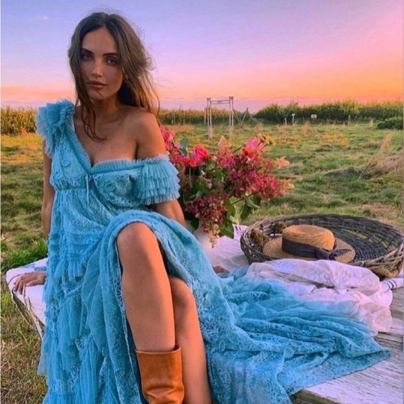 LoveShackFancy Dresses & Skirts - LOVESHACKFANCY Xena Tulle Ruffled Lace Tiered Maxi Dress in Baja Blue Sz 4